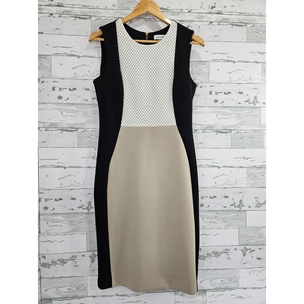 Calvin Klein Womens Colorblock Mesh Sheath Dress Black Tan White Size 10